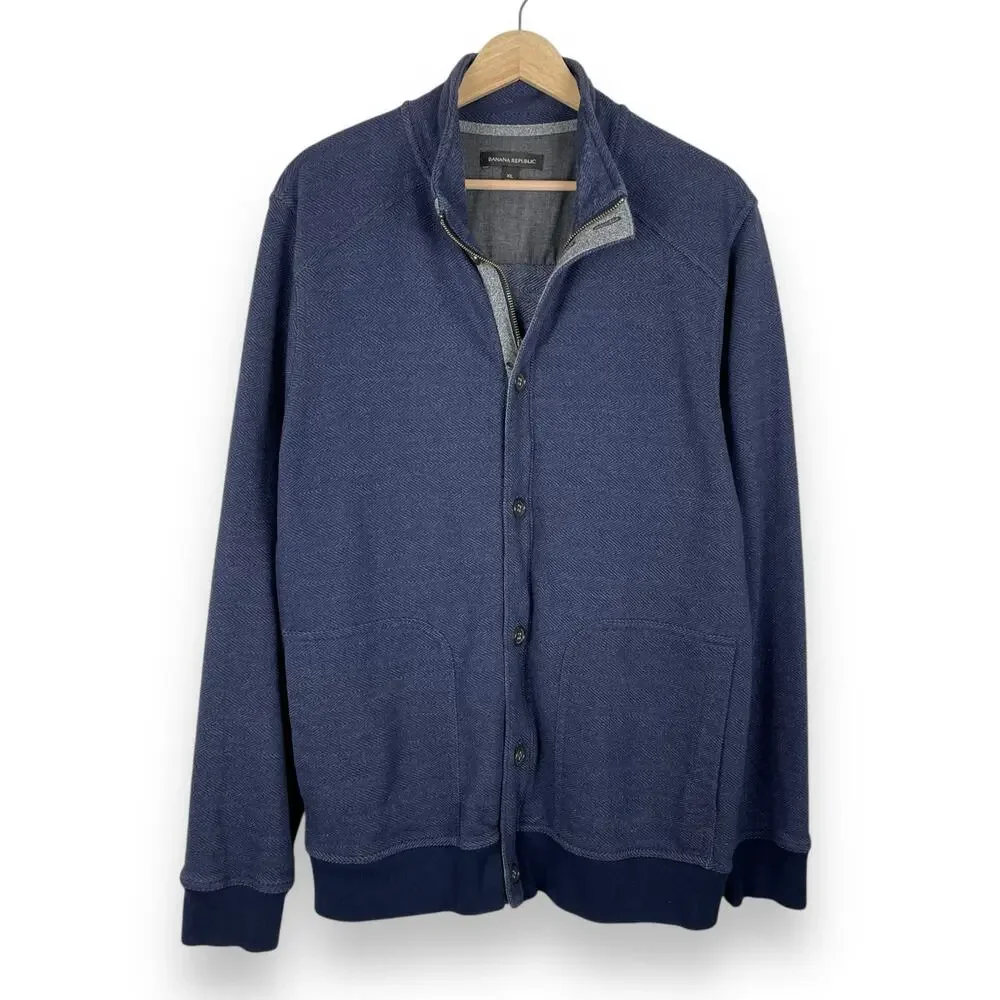 Banana Republic Sweater Jacket Mens XL Navy Blue Funnel Neck Zip Up Sweatshirt